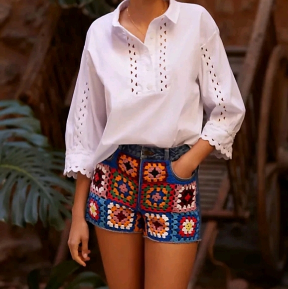 Farm Rio x Anthro Quilted Jean Shorts - Picture 1 of 5